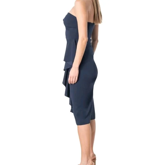 NWOT Dress The Population Liv Womens (L) Navy Blue Ruffled Strapless Midi Dress - Picture 3 of 13